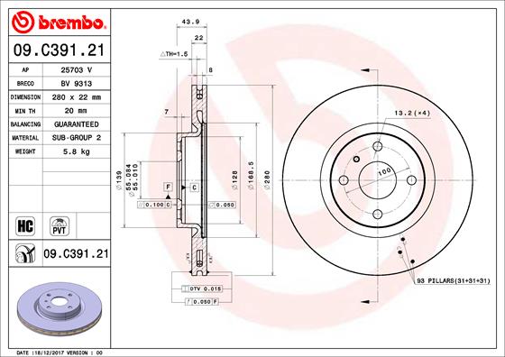 Bremsscheibe Vorderachse Brembo 09.C391.21 von Brembo