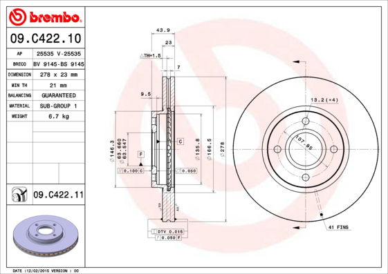 Bremsscheibe Vorderachse Brembo 09.C422.11 von Brembo