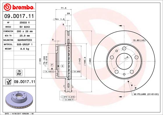 Bremsscheibe Vorderachse Brembo 09.D017.11 von Brembo