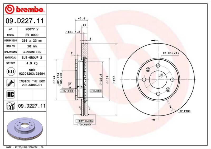 Bremsscheibe Vorderachse Brembo 09.D227.11 von Brembo