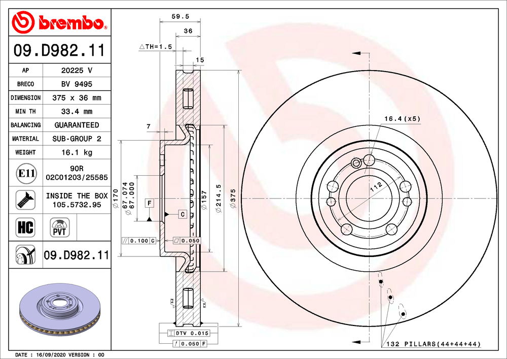 Bremsscheibe Vorderachse Brembo 09.D982.11 von Brembo