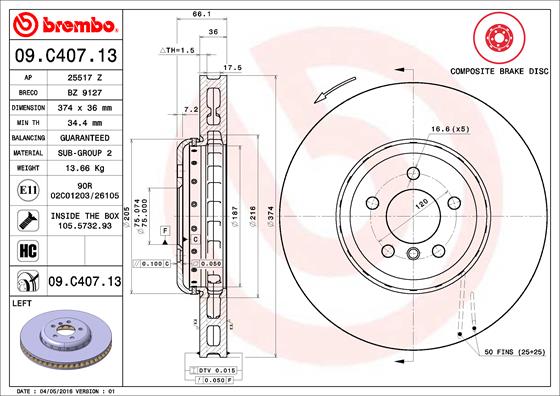 Bremsscheibe Vorderachse links Brembo 09.C407.13 von Brembo