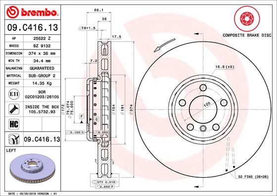 Bremsscheibe Vorderachse links Brembo 09.C416.13 von Brembo