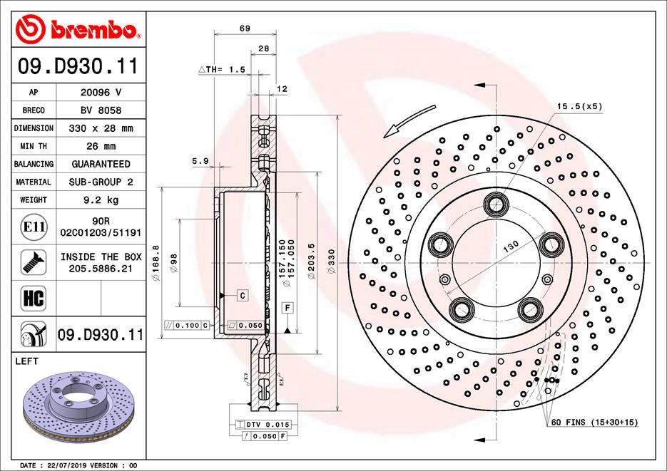 Bremsscheibe Vorderachse links Brembo 09.D930.11 von Brembo