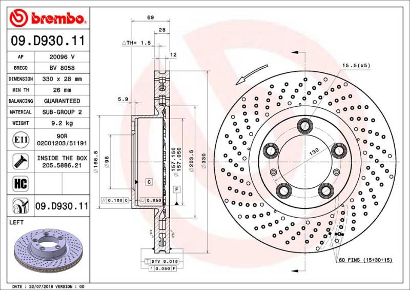 Bremsscheibe Vorderachse links Brembo 09.D930.11 von Brembo