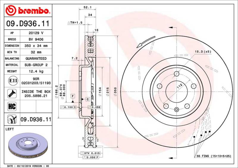 Bremsscheibe Vorderachse links Brembo 09.D936.11 von Brembo