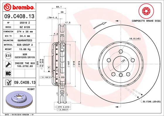 Bremsscheibe Vorderachse rechts Brembo 09.C408.13 von Brembo