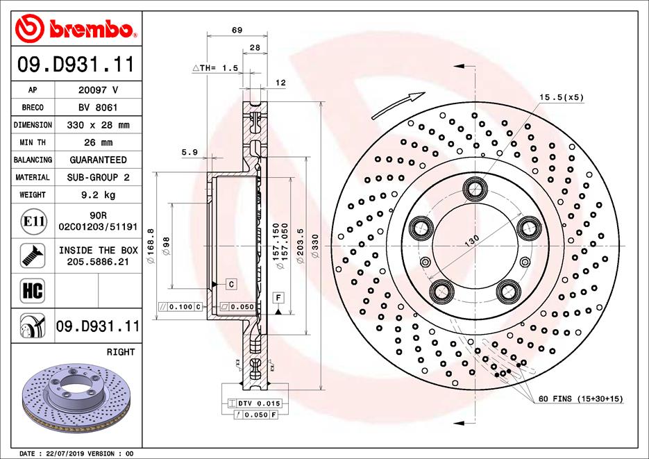 Bremsscheibe Vorderachse rechts Brembo 09.D931.11 von Brembo