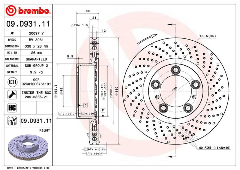 Bremsscheibe Vorderachse rechts Brembo 09.D931.11 von Brembo