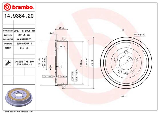 Bremstrommel Hinterachse Brembo 14.9384.20 von Brembo