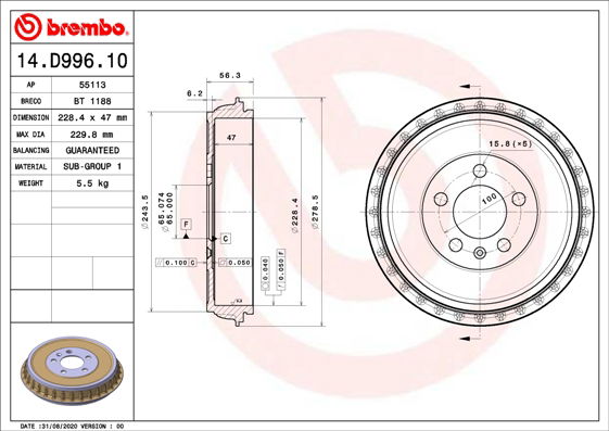 Bremstrommel Hinterachse Brembo 14.D996.10 von Brembo