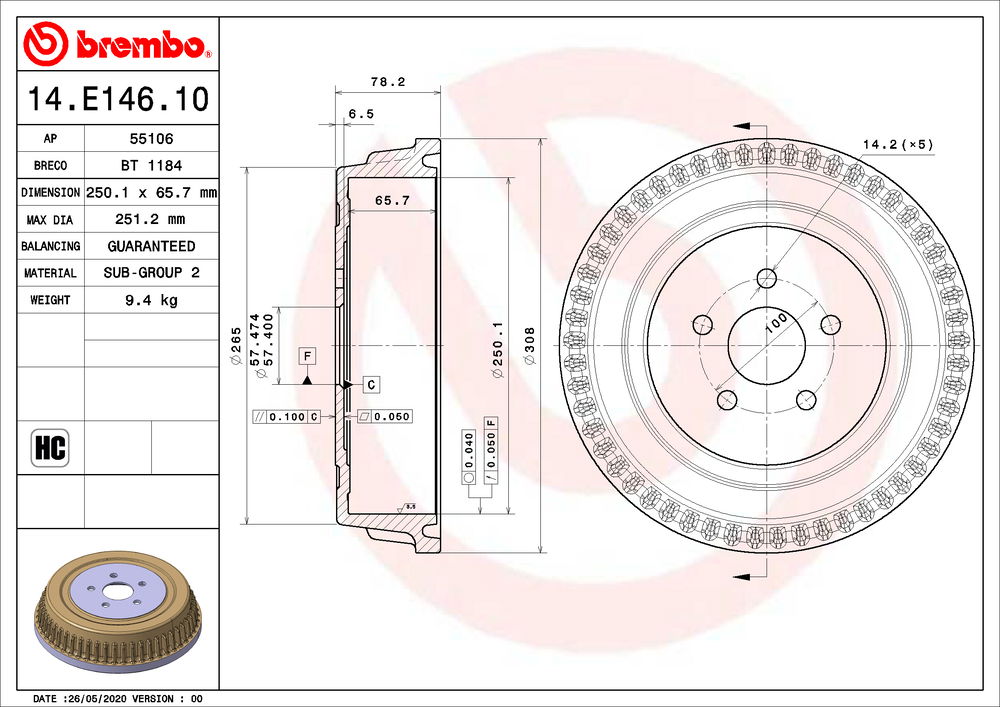 Bremstrommel Hinterachse Brembo 14.E146.10 von Brembo