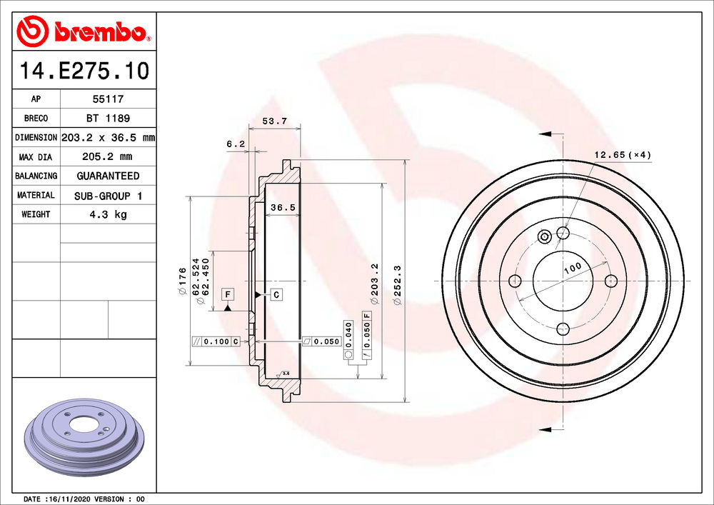 Bremstrommel Hinterachse Brembo 14.E275.10 von Brembo