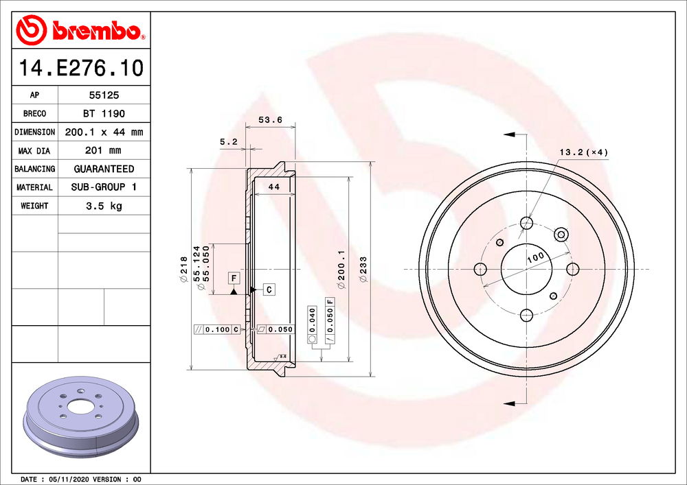 Bremstrommel Hinterachse Brembo 14.E276.10 von Brembo