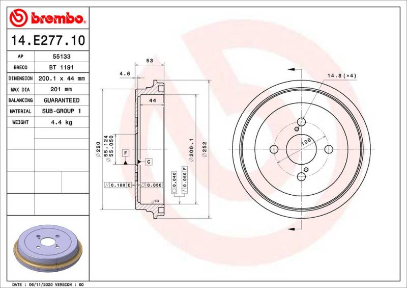 Bremstrommel Hinterachse Brembo 14.E277.10 von Brembo