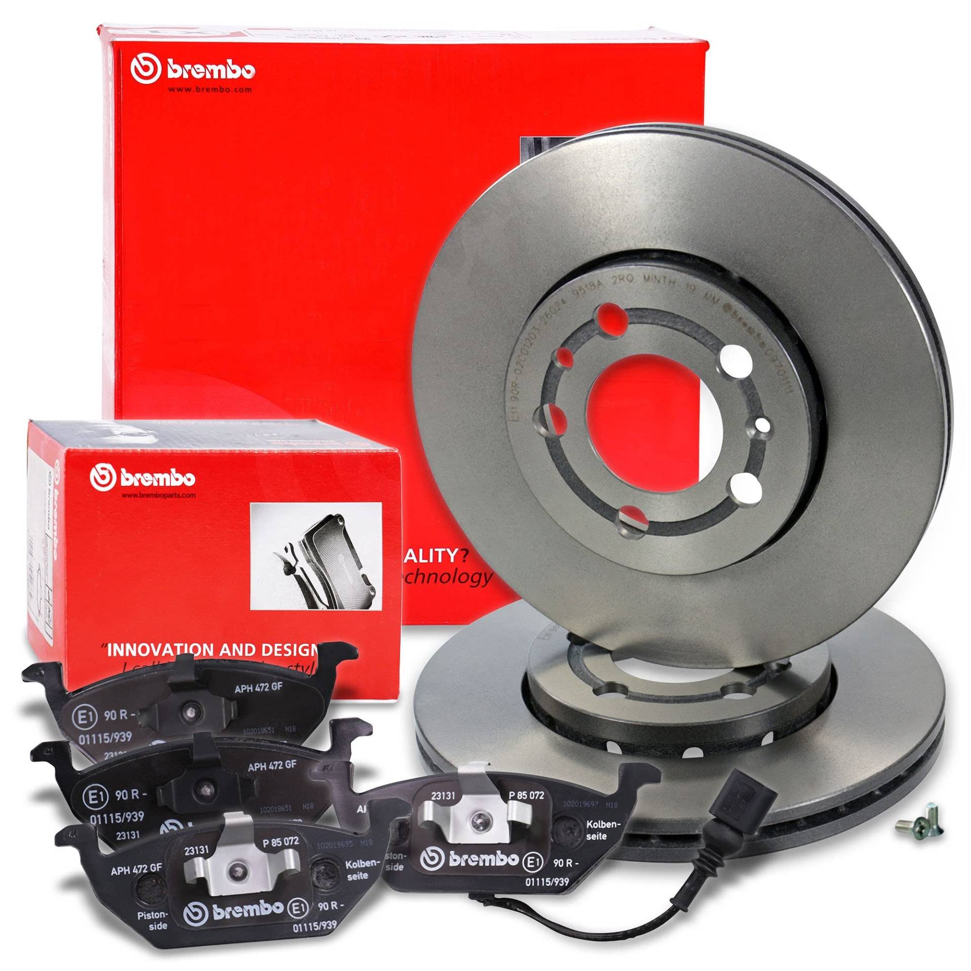 BREMBO Coated Disc Line Set di freni per asse anteriore incl. dischi freno anteriori Ø 256 mm ventilati e pastiglie freno anteriori + contatto di usura von Brembo