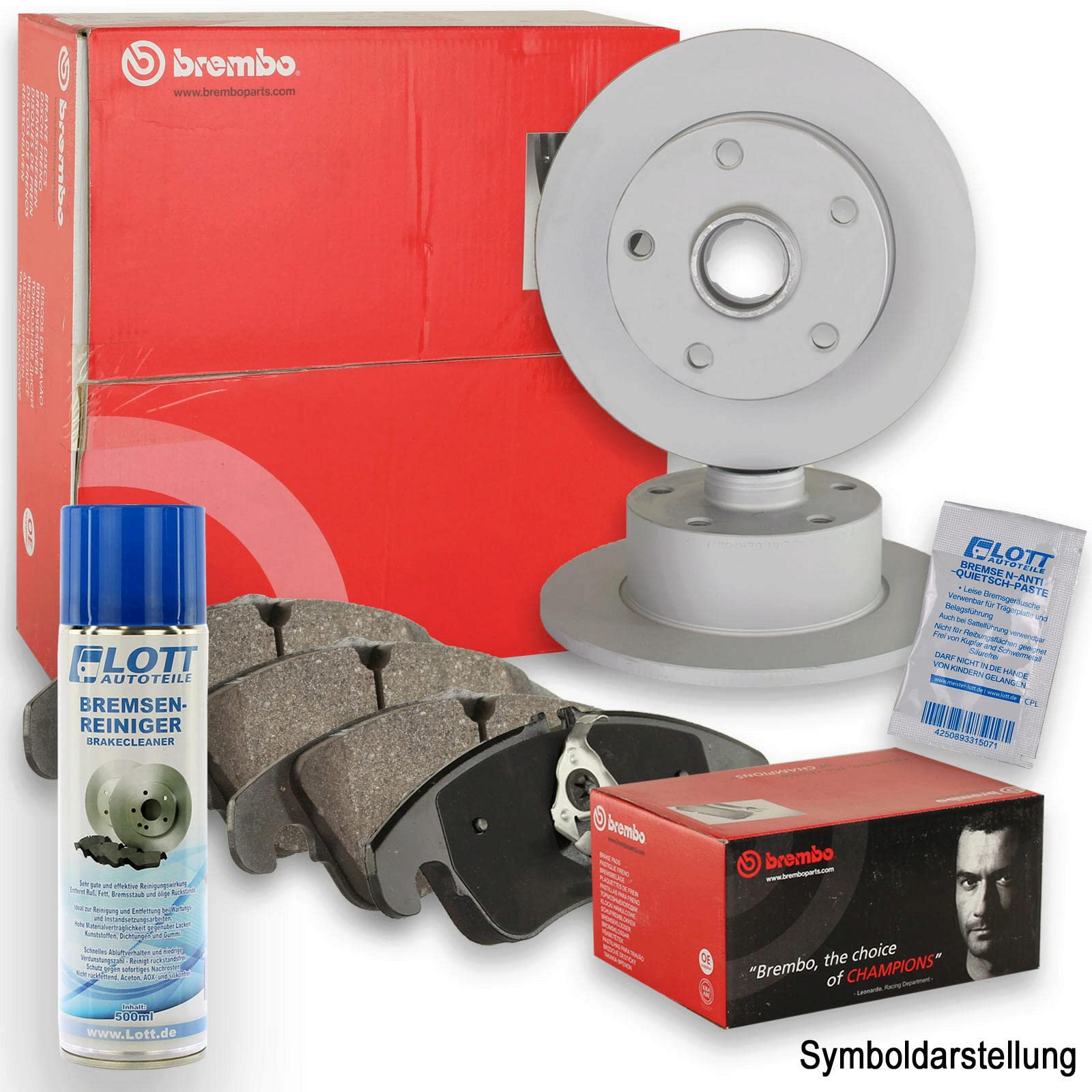 Original Brembo Bremsscheiben hinten + Brembo Bremsbeläge Bremsklötze Bremsenset Bremsenkit Komplettset Hinterachse + Bremsenreiniger von Brembo