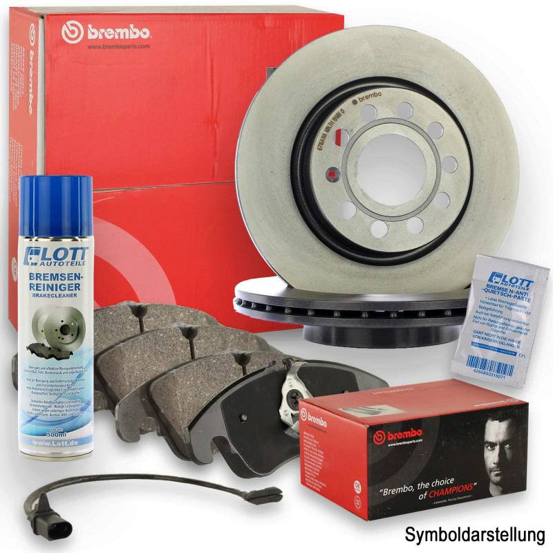 Original Brembo Bremsscheiben vorne + Brembo Bremsbeläge Bremsklötze Bremsenset Bremsenkit Komplettset Vorderachse + Bremsenreiniger von Brembo