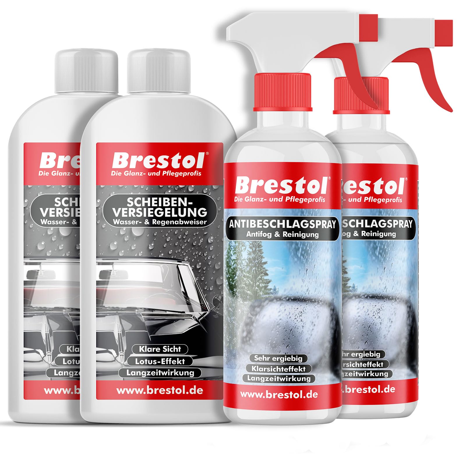 Brestol® Antibeschlagspray + Scheibenversiegelung Set2 (2X 250 ml + 2X 300 ml)- Wasserabweiser Regenabweiser Antifog Antibeschlag Abperleffekt Abperl-Effekt Nano Klarsichtspray Antibeschlagmittel von Brestol