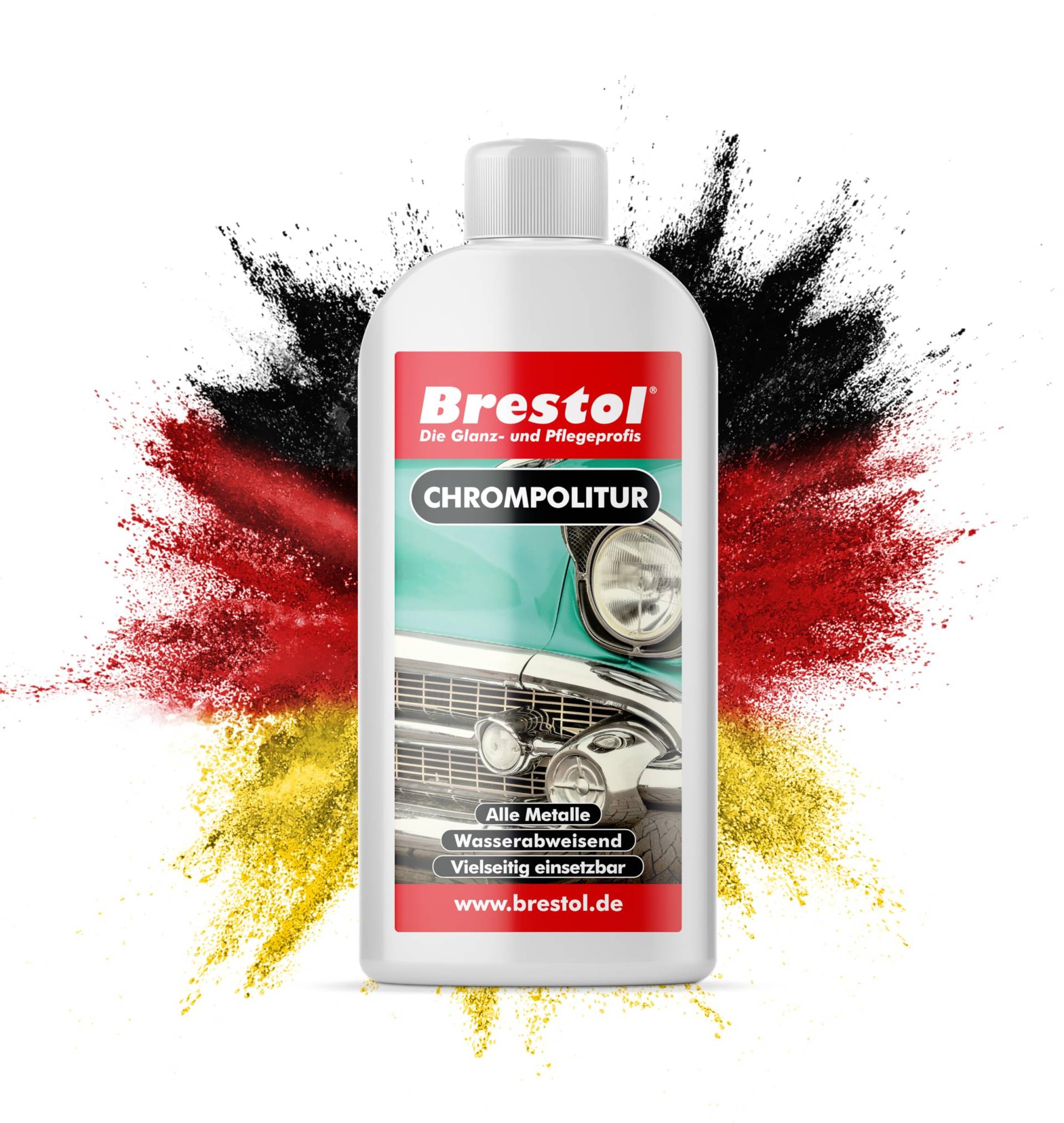 BRESTOL® Chrompolitur 250 ml - Chromreiniger & Chrompflege, Hochglanz für Chromflächen, pflegt blinde und angelaufene Stellen - Entfernt Korrosion, hartnäckige Ablagerungen und Verunreinigungen von Brestol