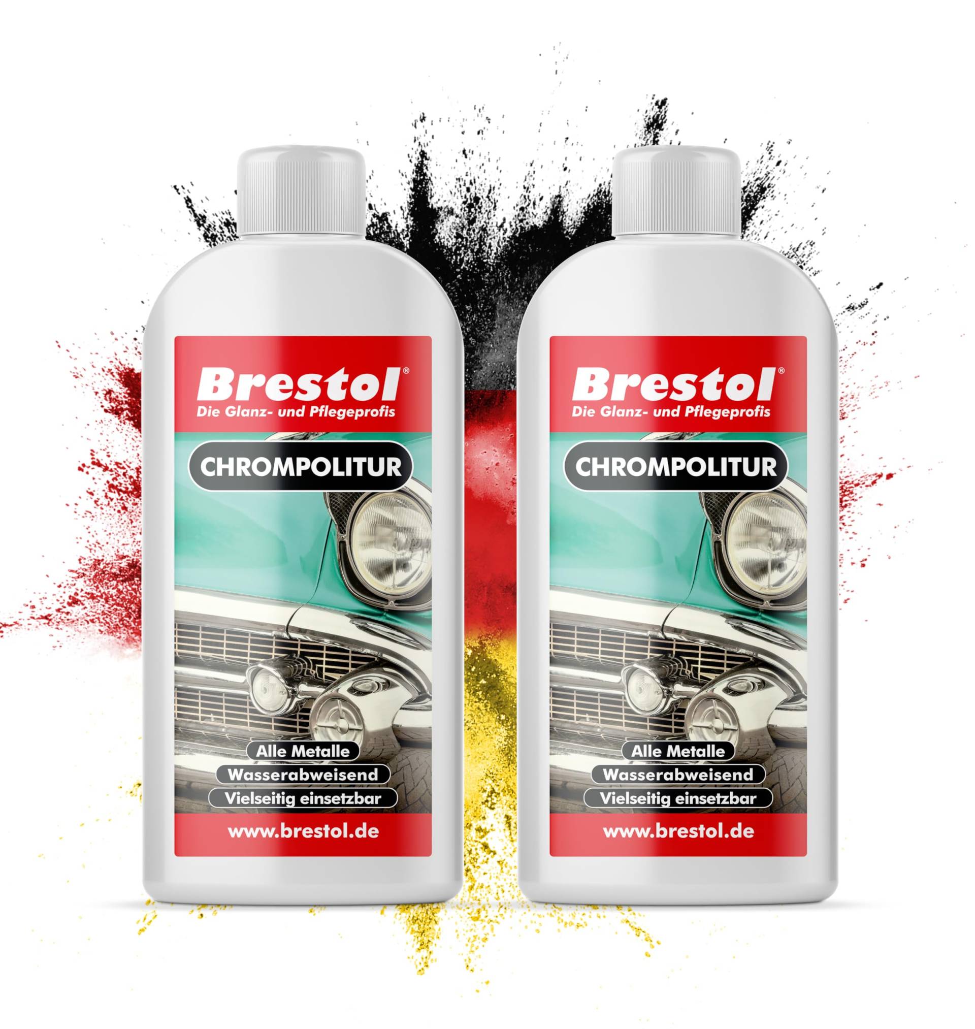 Brestol® Chrompolitur 2x250ml - Chromreiniger & Chrompflege, Hochglanz für Chromflächen, pflegt angelaufene Stellen - Entfernt Korrosion, hartnäckige Ablagerungen, Fingerabdrücke und Verunreinigungen von Brestol