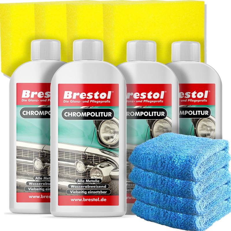 Brestol® Chrompolitur 4x250ml + Zubehör - Chromreiniger & Chrompflege, Hochglanz für Chromflächen, pflegt angelaufene Stellen - Entfernt Korrosion, Ablagerungen und Verunreinigungen von Brestol