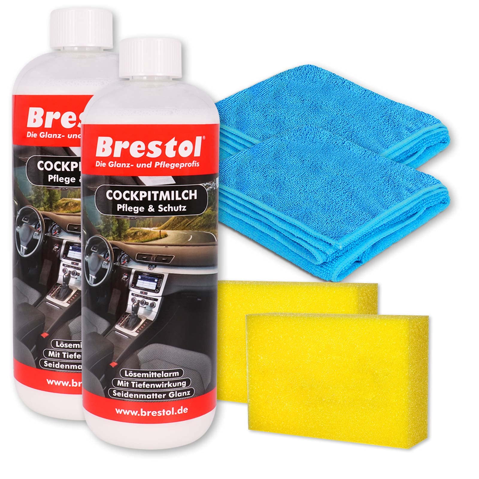 Brestol Cockpitmilch 2X 1000 ml + Zuebhör SET - Cockpitpflegemilch Cockpitreinigungsmilch Innenraumpflege Tiefenpflege Kunststoffpflege Gummipflege Cockpitpflege Vinypflege von Brestol