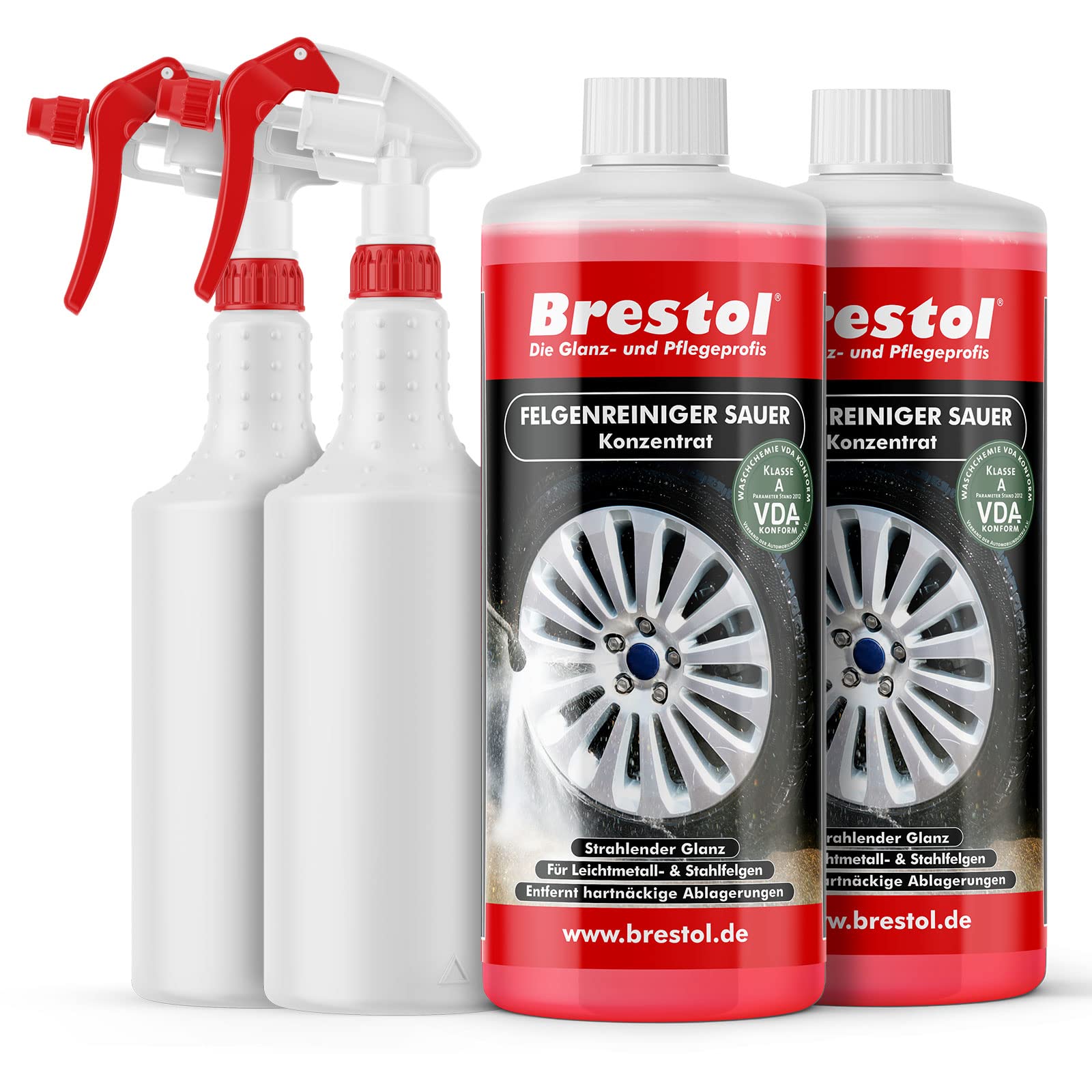 Brestol Felgenreiniger Konzentrat Set2 (2 Liter Konzentrat + 2X Sprühkopf + 2X Leere 750 ml Flasche) - für Alufelgen Stahlfelgen Autofelgen Leichtmetallfelgen = 20 Liter gebrauchsfertige Lösung von Brestol