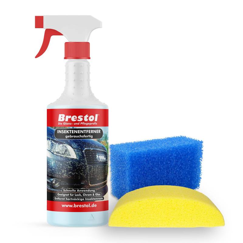 Brestol Insektenentferner Set1-1x 750 ml gebrauchsfertig, 1x Fahrzeugschwamm, 1x Insektenschwamm - Insektenlöser Polycarbonat geeigneter Vogelkotentferner Spezialreiniger alkalisch von Brestol