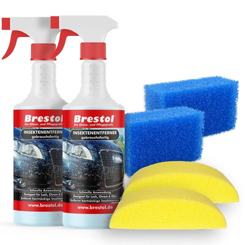 Brestol Insektenentferner Set2-2x 750 ml gebrauchsfertig, 2X Fahrzeugschwamm, 2X Insektenschwamm - Insektenlöser Polycarbonat geeigneter Vogelkotentferner Spezialreiniger alkalisch von Brestol