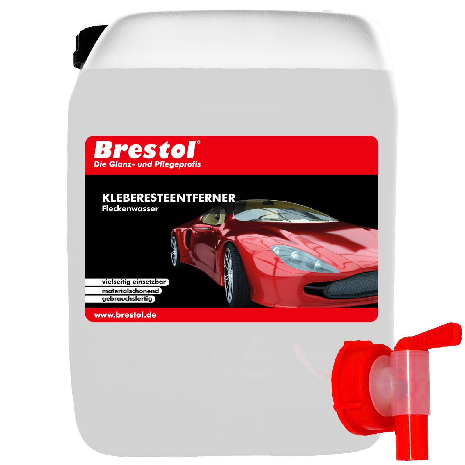 Brestol Kleberesteentferner 10 Liter inkl. Auslaufhahn 51 mm - Fleckenentferner Kleberlöser Etikettenlöser Tintenentferner Fleckenwasser Lackreiniger Lackpflege organisches Lösungsmittel von Brestol