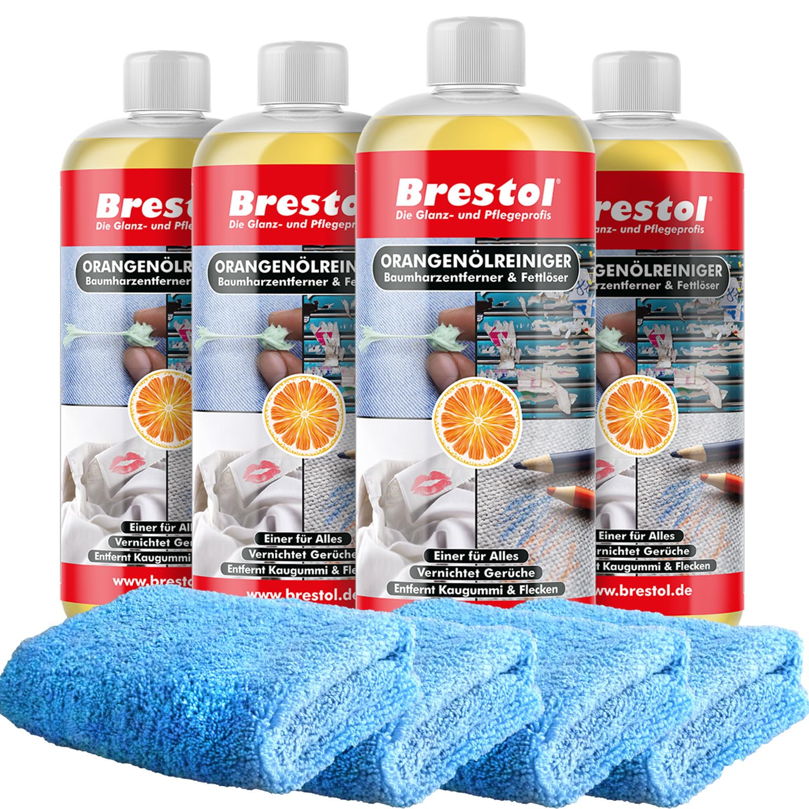 Brestol ORANGENREINIGER Set3 (4x 1000 ml + Zubehör) - Universalreiniger Fett Öl Kaugummi Baumharz-Entferner Geruchsneutralisierer Orangenölreiniger von Brestol