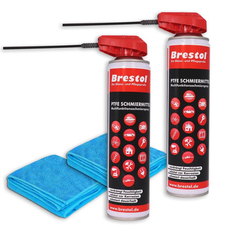 PTFE Spray 2x 400 ml + 2x Universaltuch - 10 in 1 Schmierspray Kettenspray Rostlöser Kriechöl Schneidöl Trennmittel Korrosionsschutz Kontaktspray Zahnradspray Feuchtigkeitsverdränger Schmiermittel von Brestol