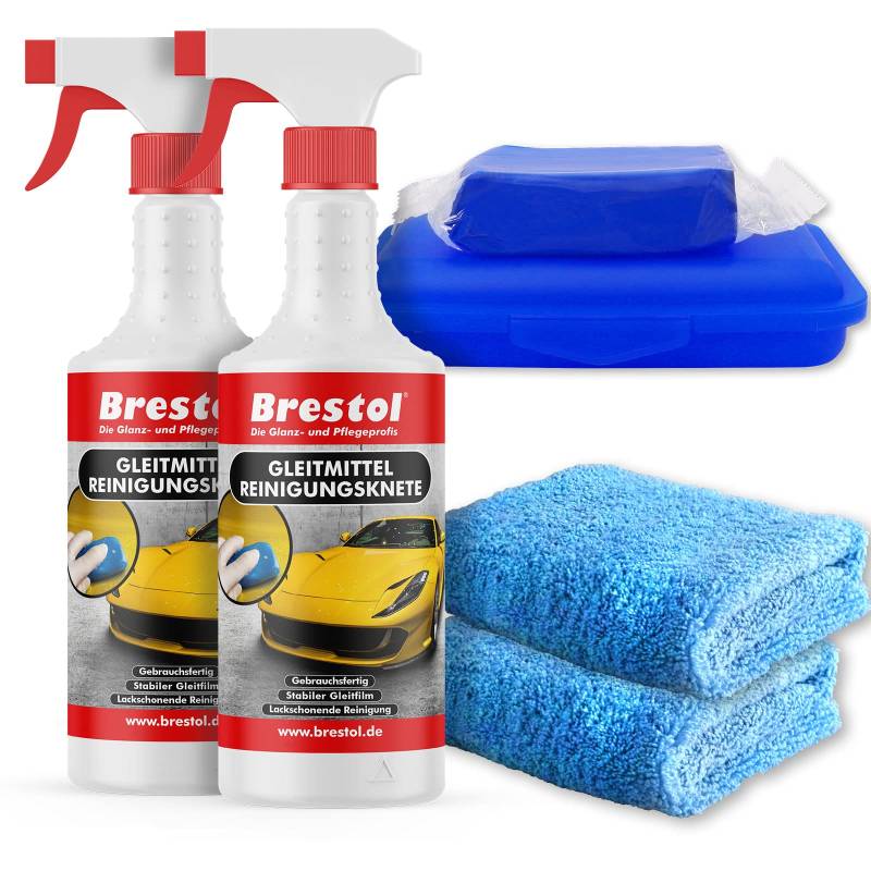 Brestol® Reinigungsknete Set2 200 g Knete blau + Box + 2X 750 ml Spezial GLEITMITTEL + 2X Poliertuch - Polierknete Lackknete Clay-Bar Auto-Lack-Knete - entfernt Baumharz Insekten u.v.m. von Brestol