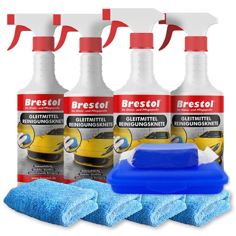 Brestol® Reinigungsknete Set3 200 g Knete blau + Box + 4X 750 ml Spezial GLEITMITTEL + 4X Poliertuch - Polierknete Lackknete Clay-Bar Auto-Lack-Knete - entfernt Baumharz Insekten u.v.m. von Brestol