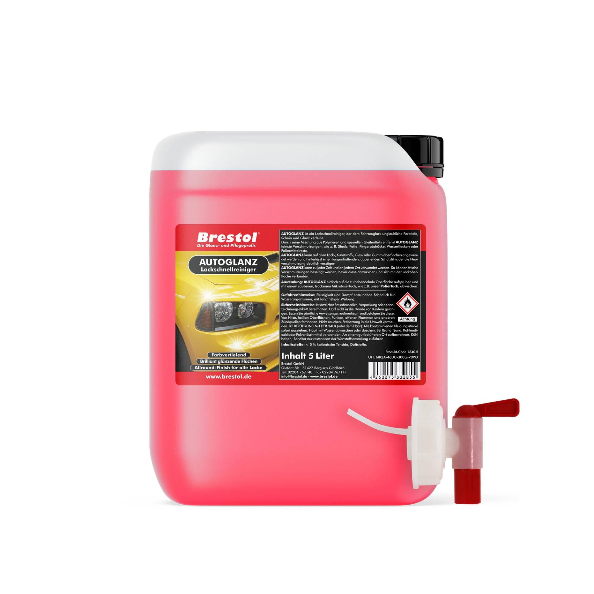 Brestol Autoglanz 5 Liter gebrauchsfertig + Auslaufhahn 51 mm - Sprühwax mit Abperleffekt Abperl-Effekt - Lackschnellreiniger Lackreiniger Autolackreiniger Sprühreiniger Lackversiegelung Sprühglanz von Brestol