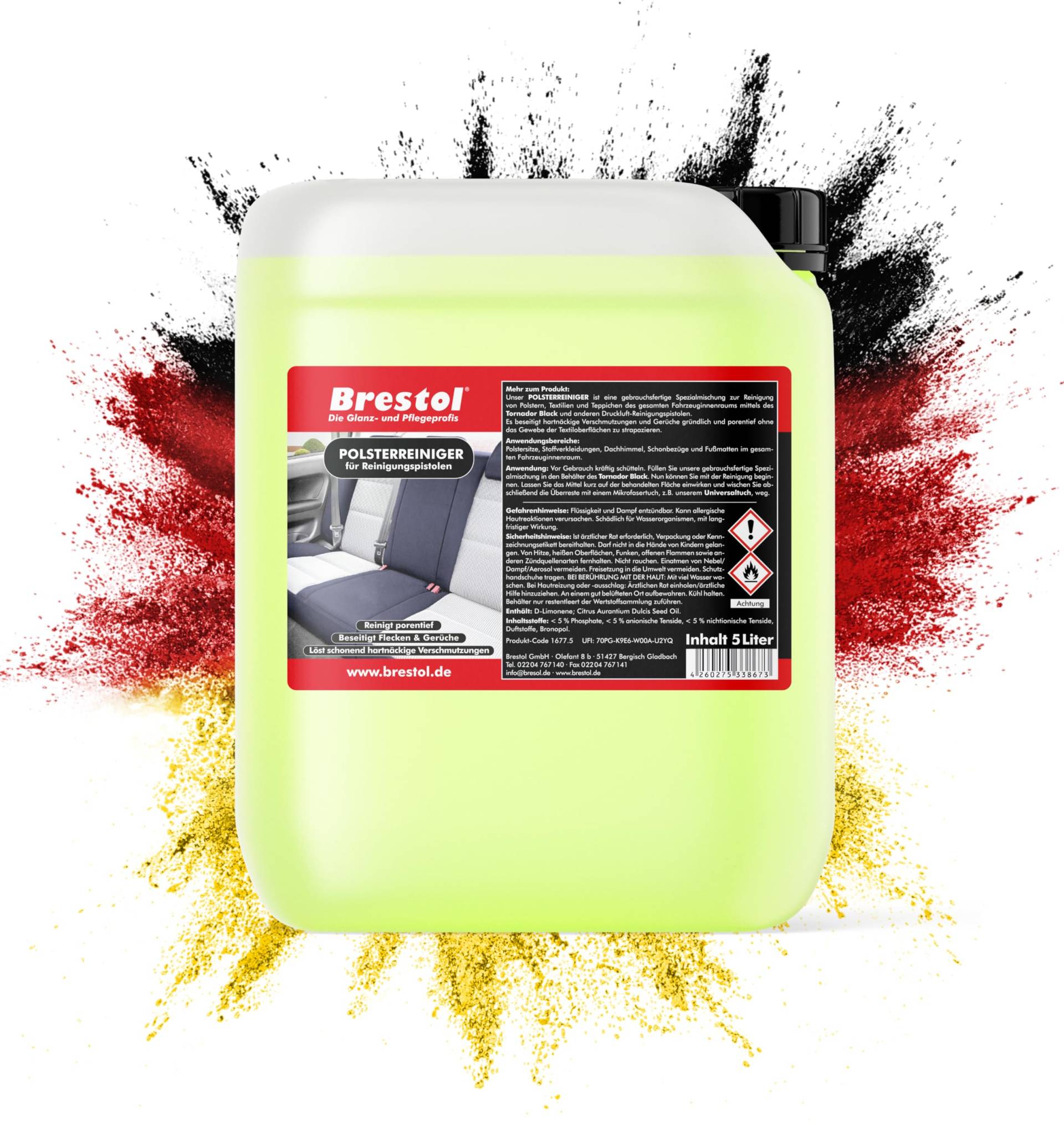 BRESTOL® Polsterreiniger für Reinigungspistolen 5 Liter gebrauchsfertig - Teppichreiniger Stoffreiniger Stoffsitzereiniger Dachhimmelreiniger Textilreiniger Fussmattenreiniger Tornador von Brestol