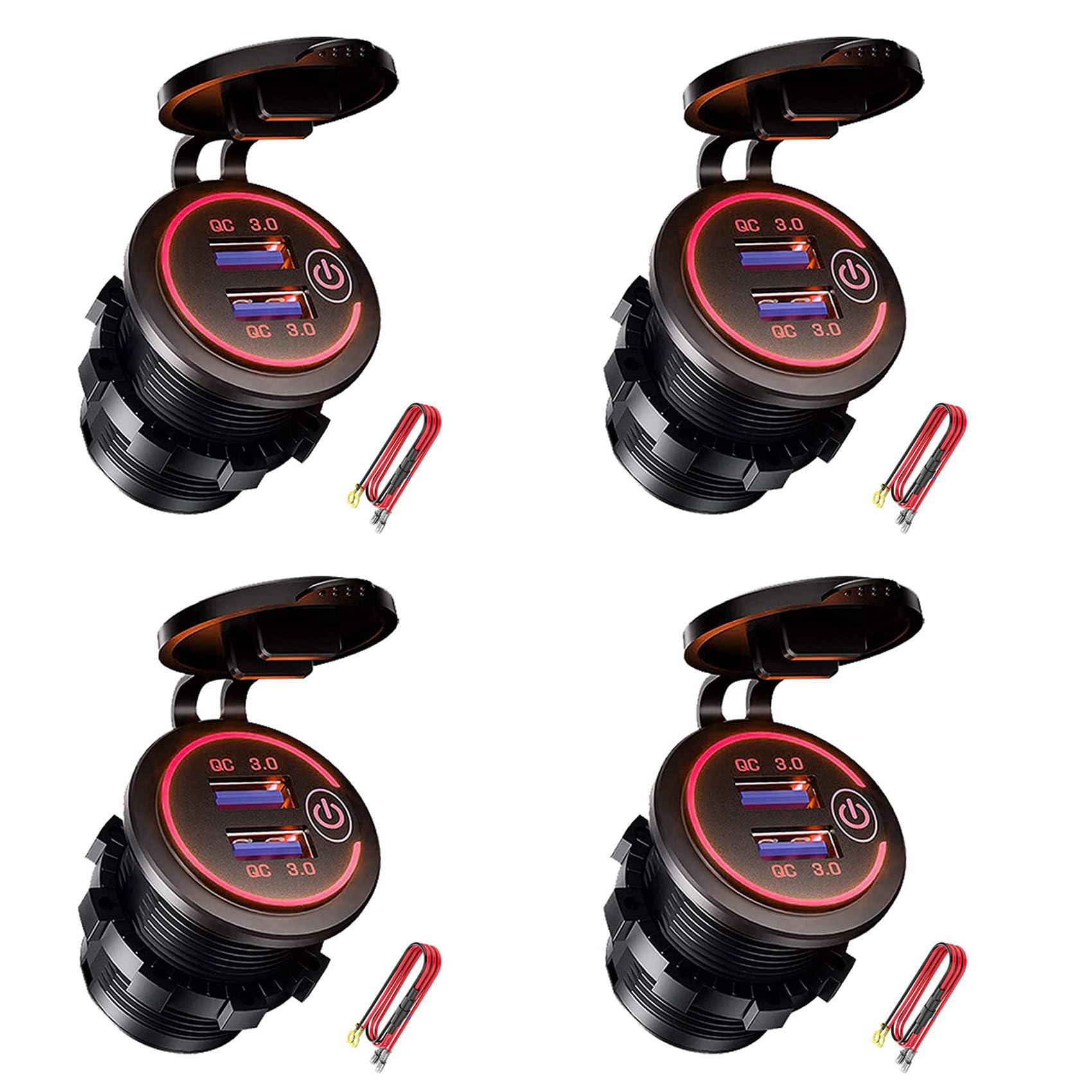 Briaatt 4X QC 3.0 Dual USB Laden Buchse, wasserdichte 12V/24V USB Steckdose mit Touch-Switch für Auto, Marine, Boot, Wohnmobil, Motorrad, Rot von Briaatt