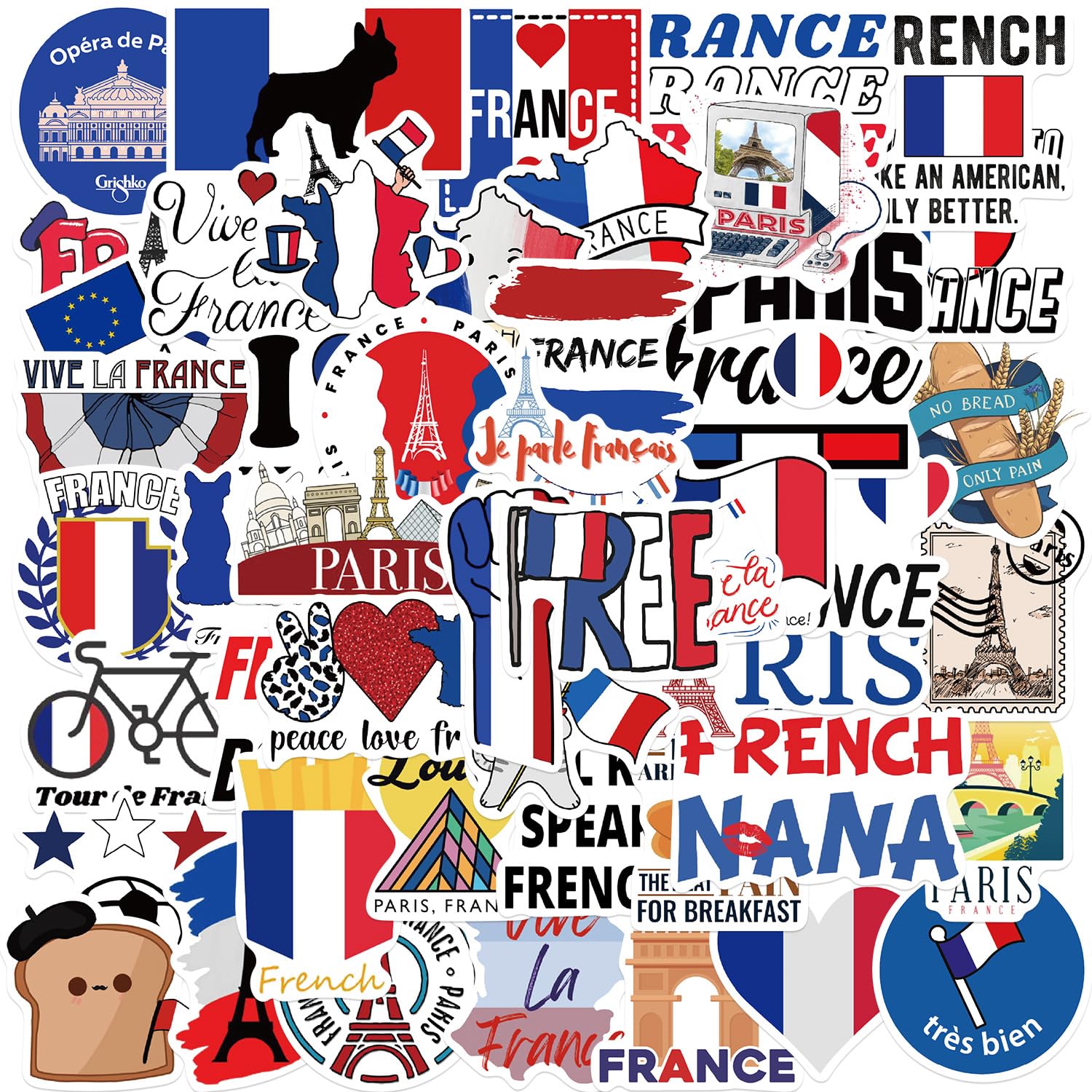 Bric Dodo 50 Stück Frankreich Aufkleber Auto Laptop Telefon Gitarre Skateboard Motorrad Fahrrad France Stickers Set Vinyl Wasserdicht Aesthetic Aufkleber für Jugendliche Kinder Erwachsene von Bric Dodo