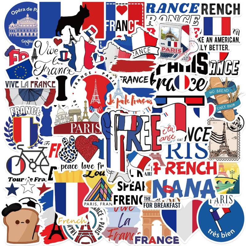 Bric Dodo 50 Stück Frankreich Aufkleber Auto Laptop Telefon Gitarre Skateboard Motorrad Fahrrad France Stickers Set Vinyl Wasserdicht Aesthetic Aufkleber für Jugendliche Kinder Erwachsene von Bric Dodo