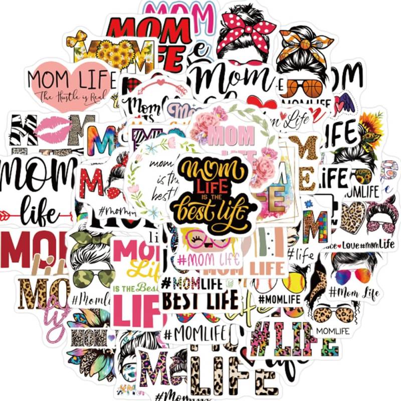 Bric Dodo 50 Stück MOM Life Aufkleber Auto Laptop Telefon Gitarre Skateboard Motorrad Fahrrad MOM Life Stickers Set Vinyl Wasserdicht Aesthetic Aufkleber für Jugendliche Kinder Erwachsene von Bric Dodo