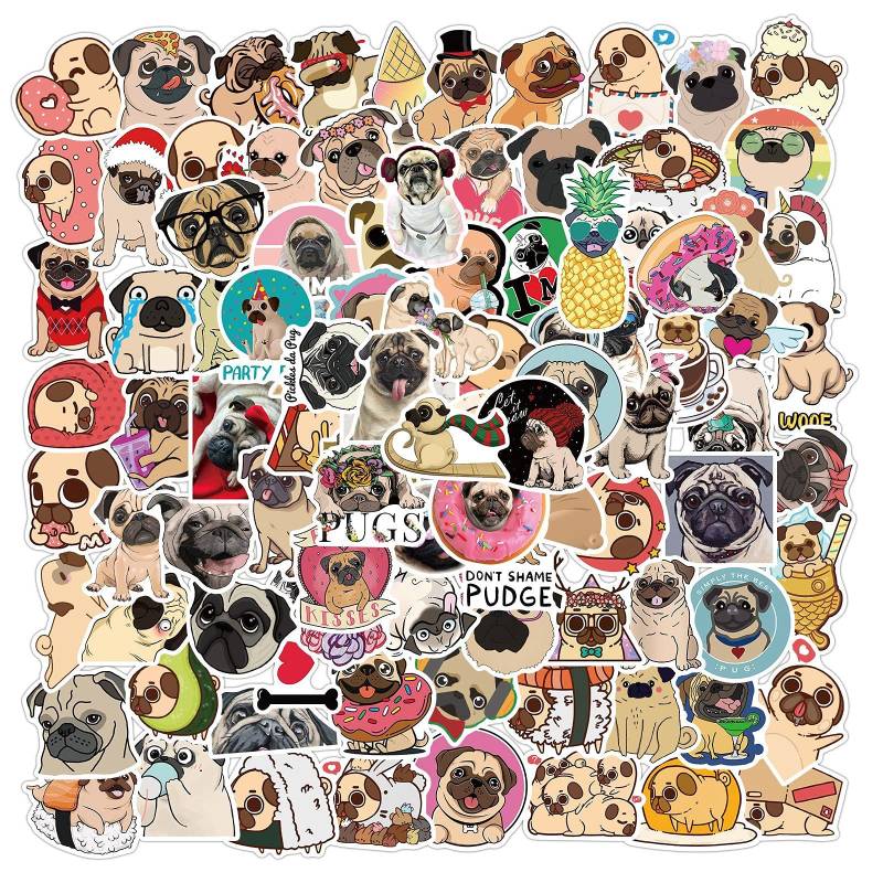 Bric Dodo 100 Stück Mops Aufkleber Wasserflaschen Laptop Telefon Gitarre Skateboard Computer Koffer Fahrrad Pug (Dog) Vinyl Stickers Wasserdicht Ästhetisch Aufkleber für Jugendliche Kinder Erwachsene von Bric Dodo