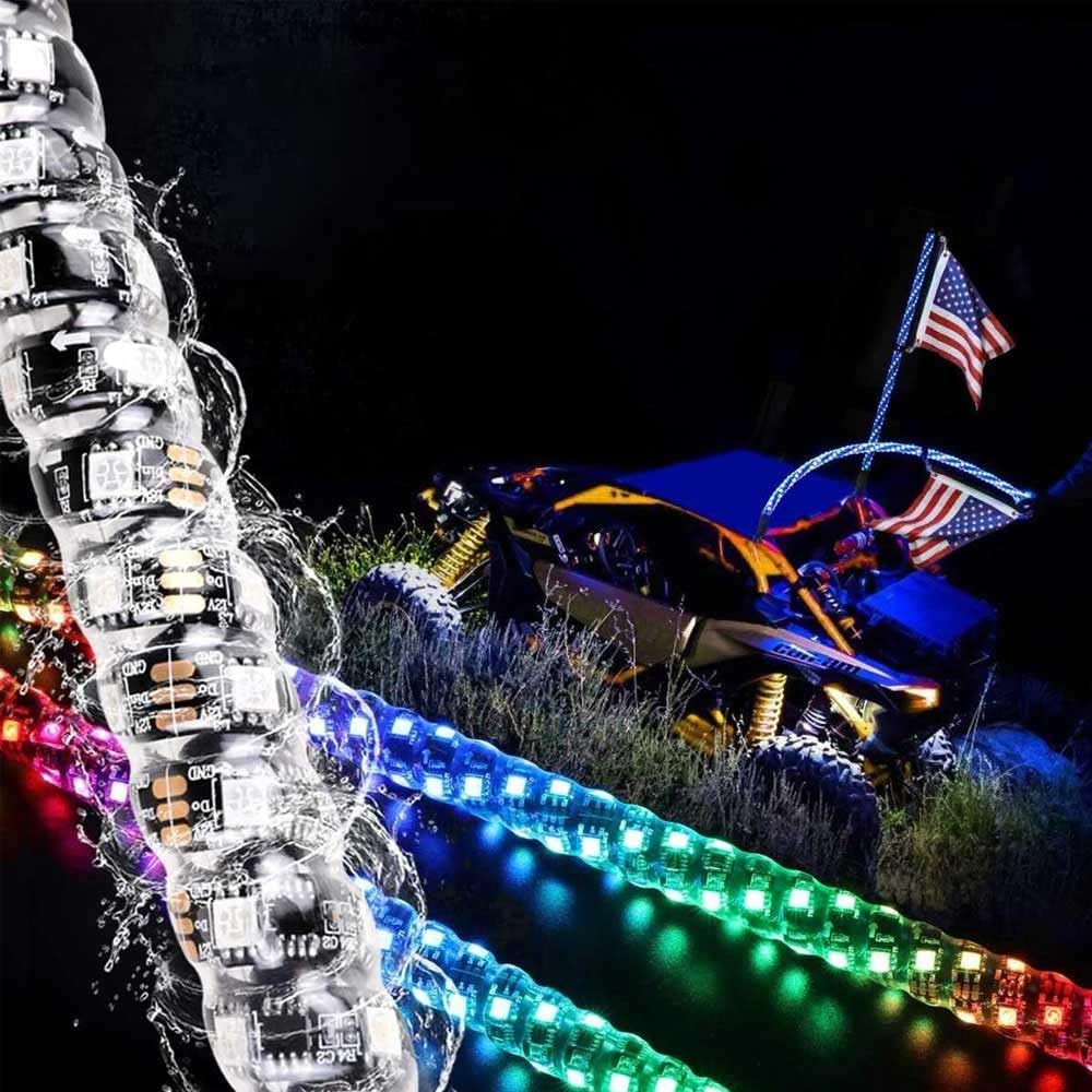 RGB Peitschenlichter für UTV ATV, 2 Stück 2-Fuß-Spiral-Peitschenlichter 366 Modi +200 Muster mit Fernbedienung und APP-Steuerung, Kompatibel mit RZR Can-Am Polaris Dune Buggy 4 Wheeler Zubehör von Brivulgent