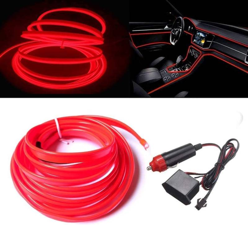 Red El Wires Auto-Set, 5 m, flexibler Neon-EL-Draht für Autos, DC 12 V, Neon-Atmosphäre, leuchtendes Elektrolumineszenzlicht, leuchtendes Neonlicht, mit 6 mm Nähkante, LED-Neonstreifen von Brivulgent