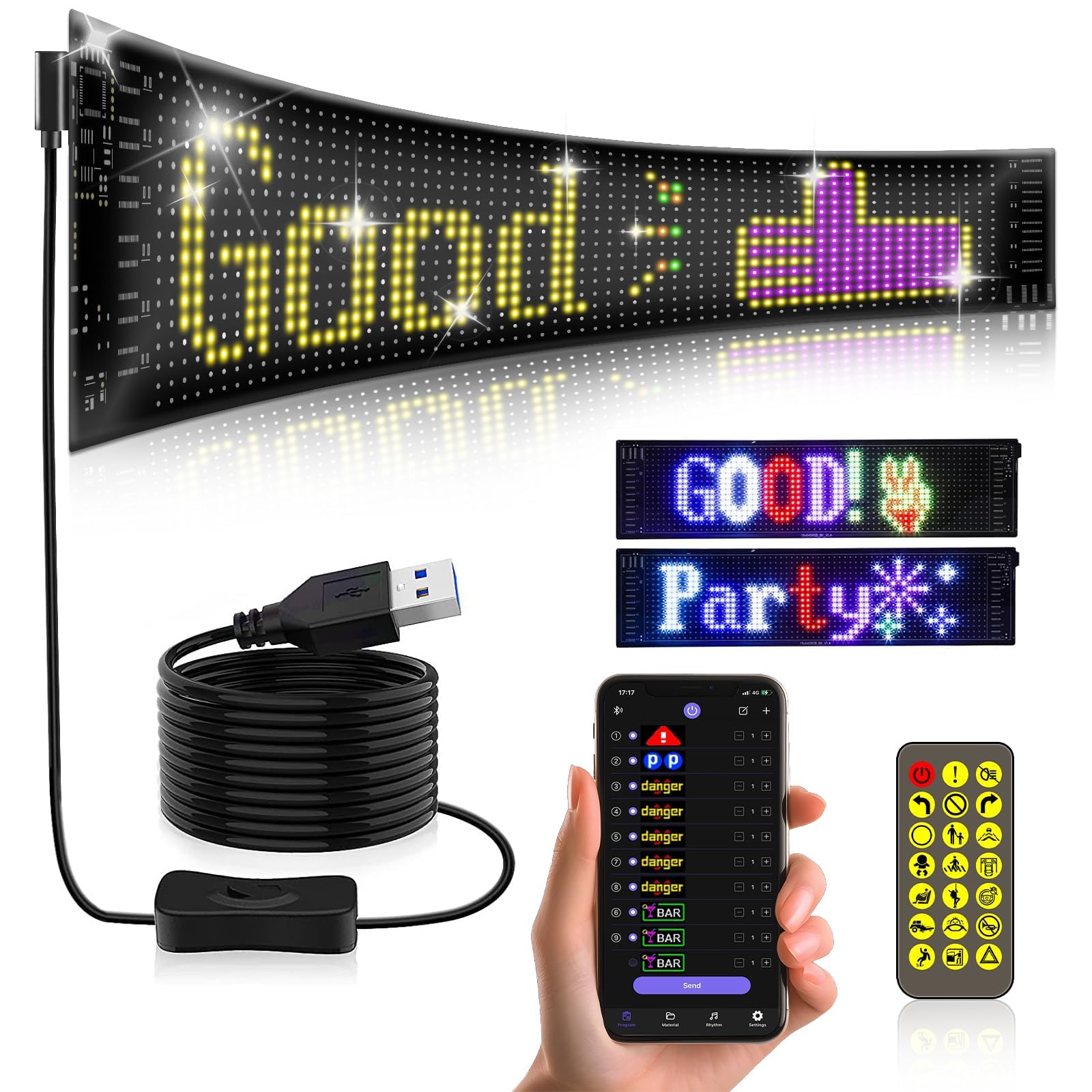 Teufelsaugen-Lichter für Autos, USB Bluetooth-App Fernbedienungen Colorful Eye Lamp Soft Screen, DIY Car Dynamic Programmierbares LED-Display, für die Bar im Autohaus(2 Pack, 9.2X37.4cm von Brivulgent