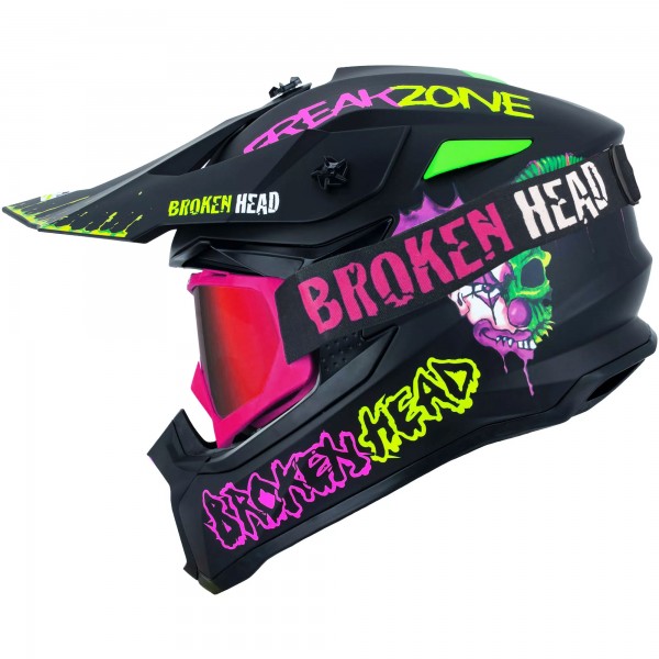 Broken Head Crosshelm FreakZone Schwarz-Pink-Grün + MX-2 Cross-Brille von Broken Head