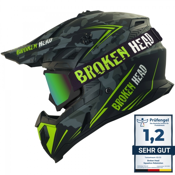 Broken Head Crosshelm Squadron Rebelution Grau-Grün + MX-2 Brille S... von Broken Head