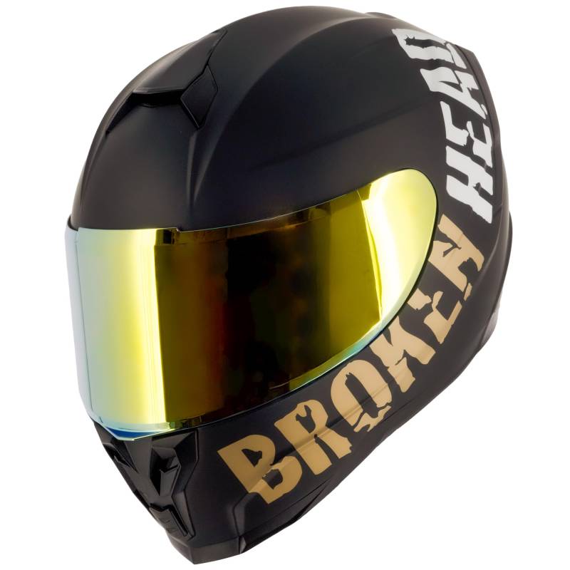 Broken Head Motorradhelm BeProud Sport Gold + Gold Verspiegeltes & Klares Visier - Integralhelm Matt-Schwarz von Broken Head