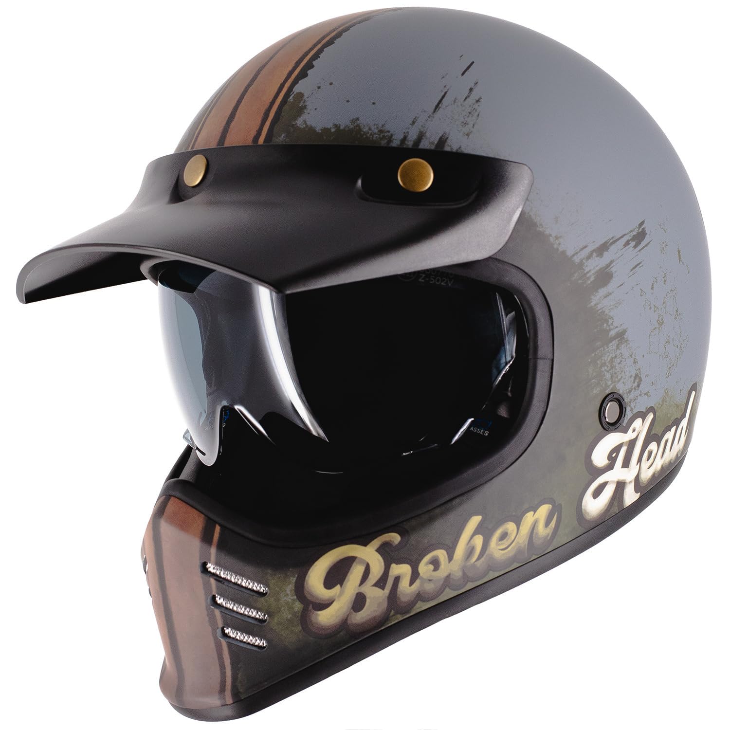 Broken Head Retro MX Helm Rusty Rebel Mit Sonnenblende - Vintage Look - Perfekt für Scrambler, Chopper, Bobber, Retrobike (S (55-56 cm)) von Broken Head