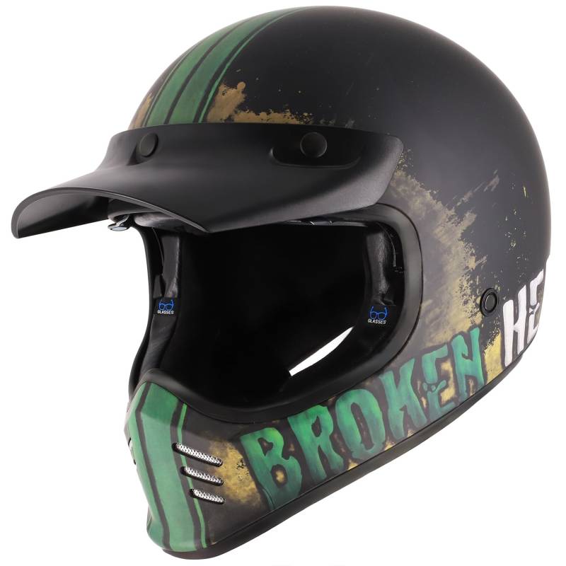 Broken Head Retro MX Helm Rusty Rider Grün Mit Sonnenblende - Vintage Look - Perfekt für Scrambler, Chopper, Bobber, Retrobike (L (59-60 cm)) von Broken Head